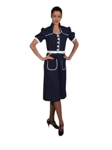 Dame blauw met witte riem - Willaert,verkleedkledij, carnavalkledij, carnavaloutfit, feestkledij, jaren 40